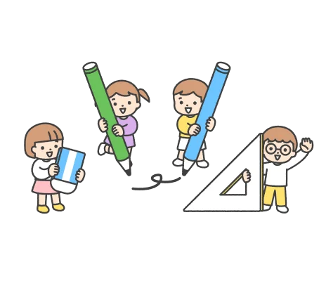 鉛筆、消しゴム、三角定規を持った小さい子供たちのイラスト