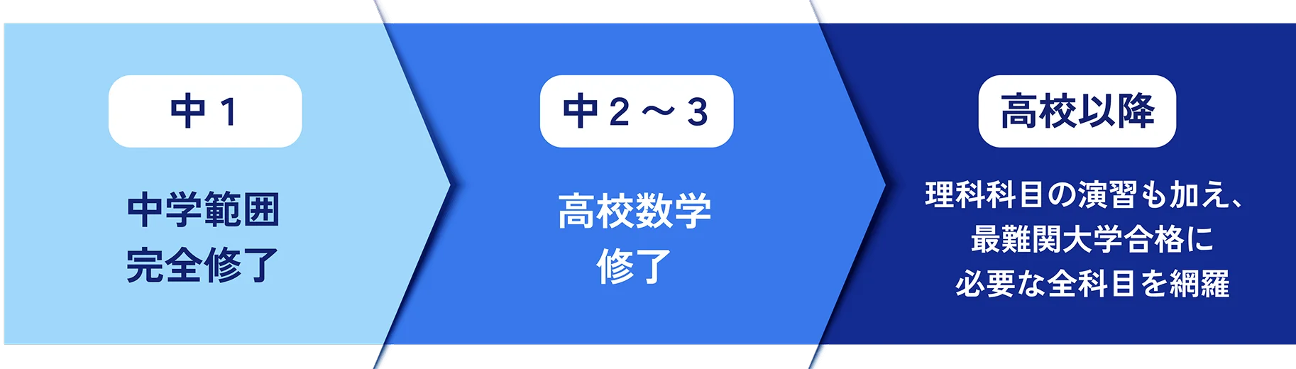 中1 中学範囲完全修了/中2～3 高校数学修了/高校以降 理系科目の演習も加え、最難関大学合格に必要な全科目を網羅
